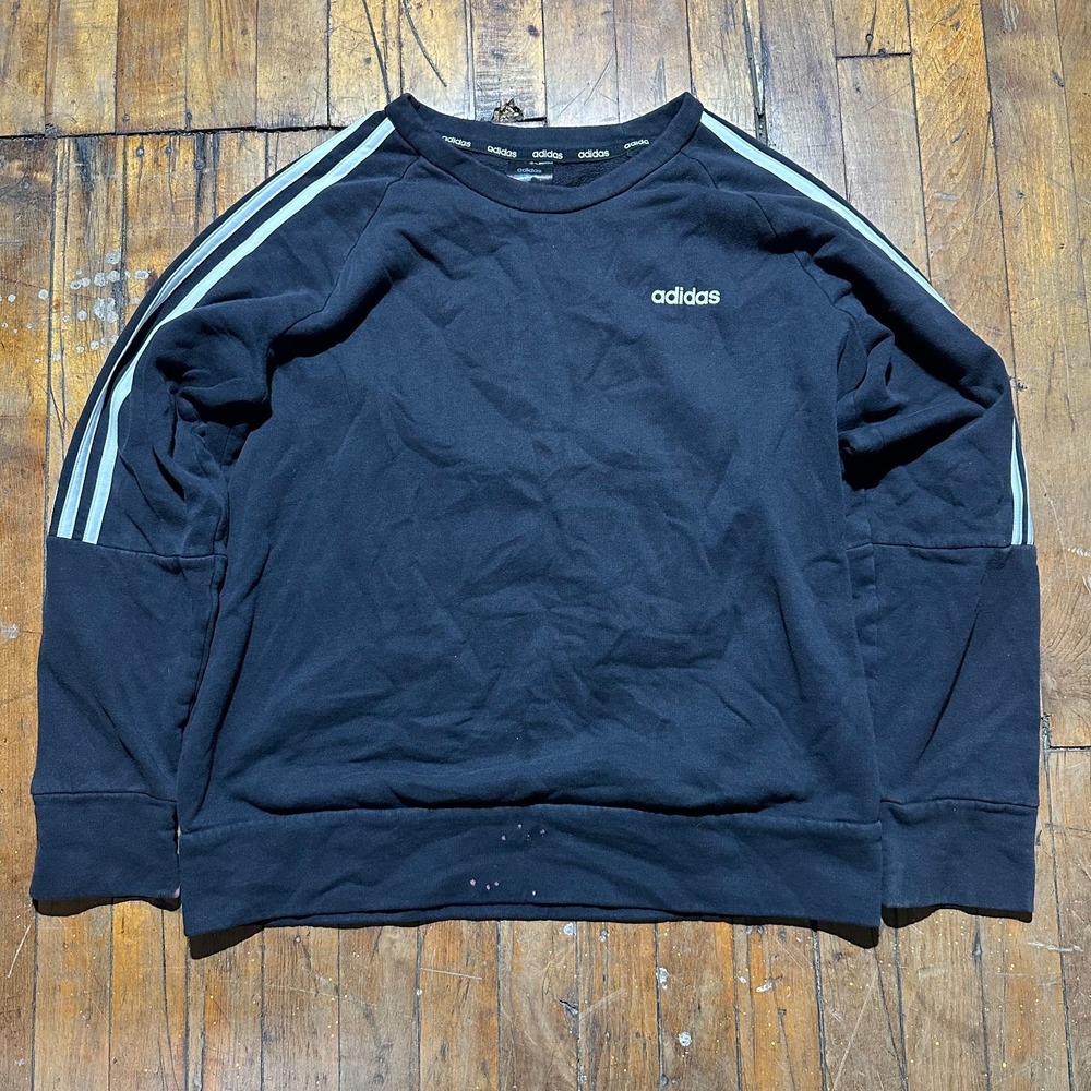 adidas Essential Sweatshirt Women's Large Black Fleece Lined 3 Stripe Crew Neck